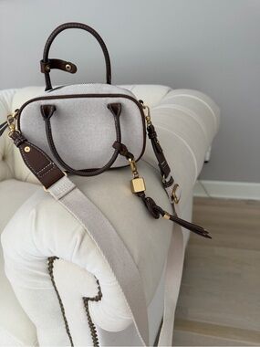 Zara Cream Canvas Crossbody Bag with Brown Leather Trim